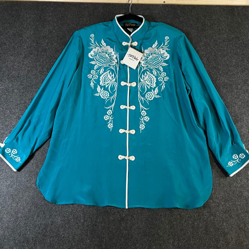 Bob Mackie Wearable Art Teal Silk Floral Embroidered Frog Toggle Blouse 1X NEW